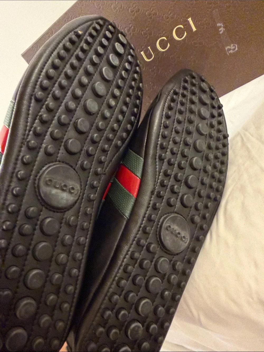 Gucci Black Leather Sneakers with Red & Green Web Stripe